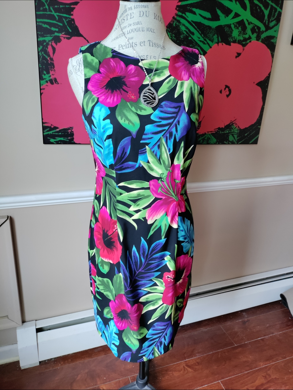 AGB Black Floral Midi Dress with Pink & Blue Tropical Print Size 10